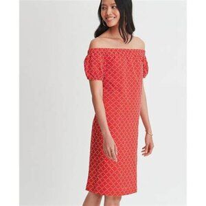 NWT Ann Taylor Red & White Cotton Shift Dress Puff Sleeve Off Shoulder Size L